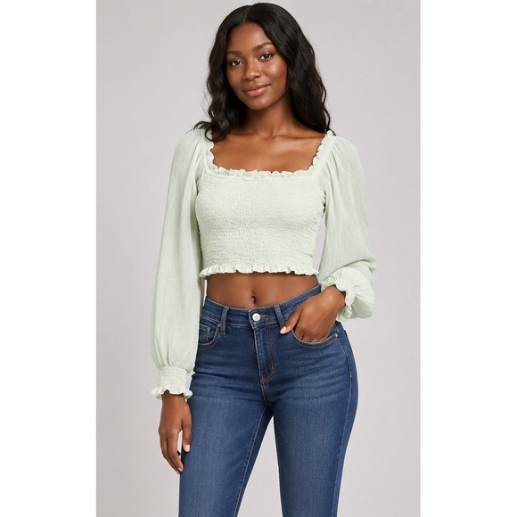aerie Tops - Aerie Light Green Smocked Crop Top Long Balloon Sleeve Ruffle Square Neck Small